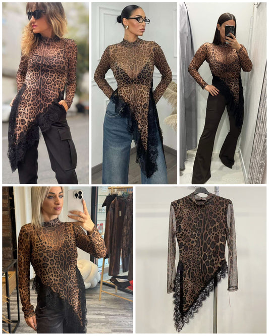 Camiseta pico tul leopardo